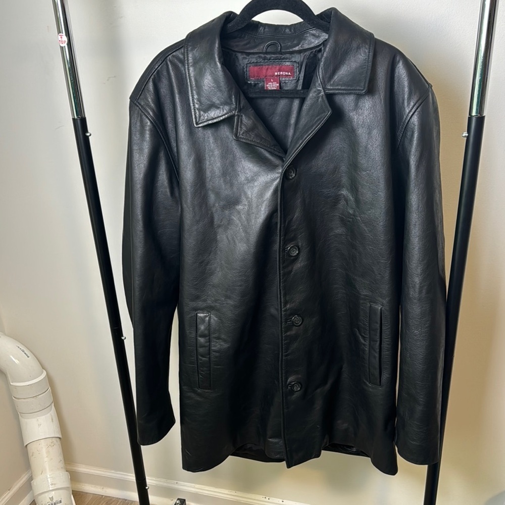 Vintage Merona Genuine Leather Black Long Trench Button Up Collared Jacket SZ L